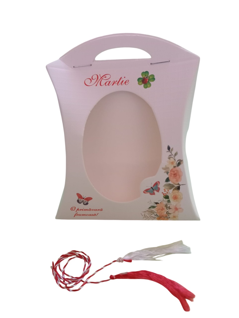 Cutie din carton cu motiv imprimat cu flori in colt dreapta, cu fereastra ovala si snur de martisor - imagine 2