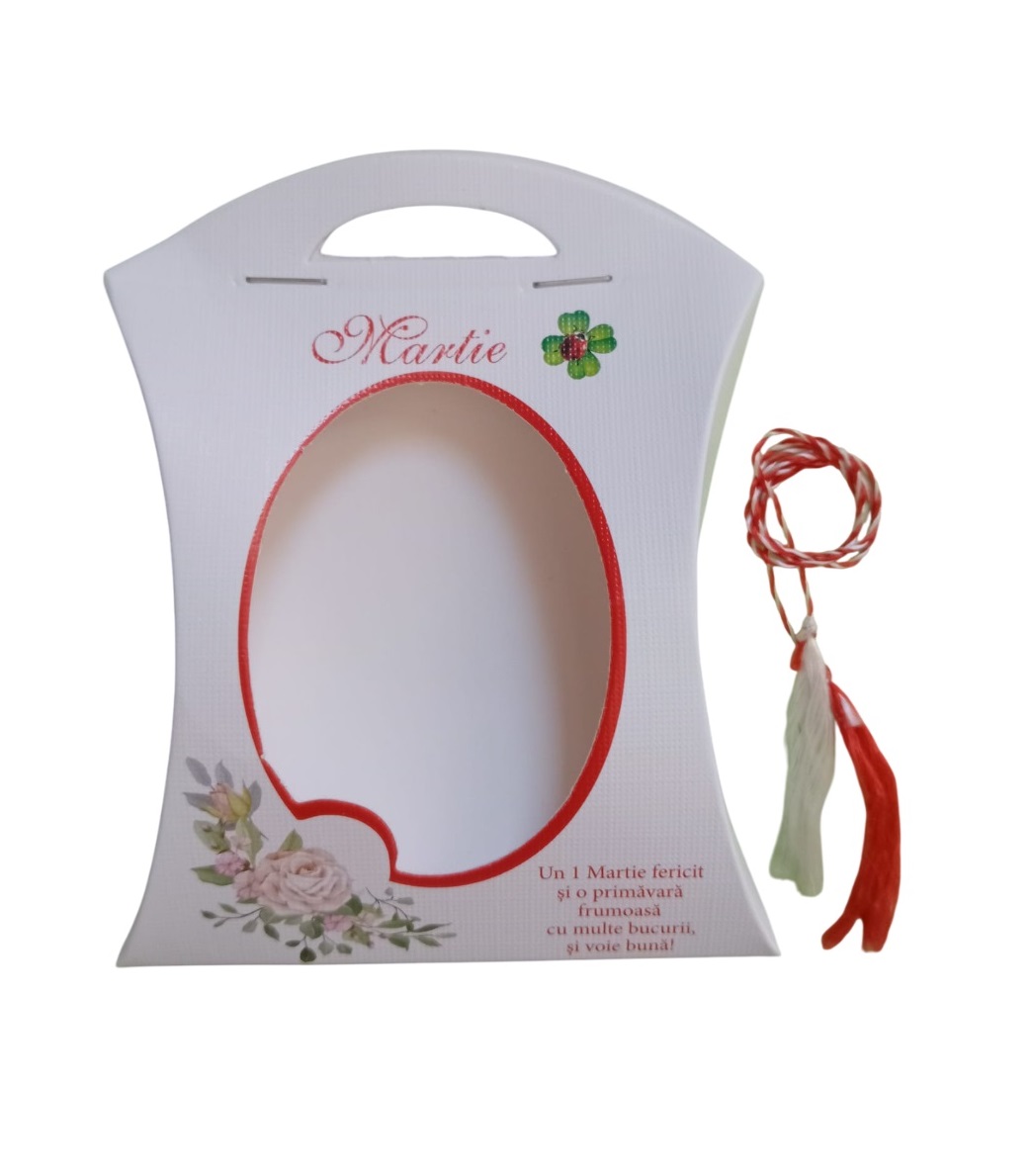 Cutie din carton cu motiv imprimat cu flori in colt stanga, cu fereastra ovala si snur de martisor