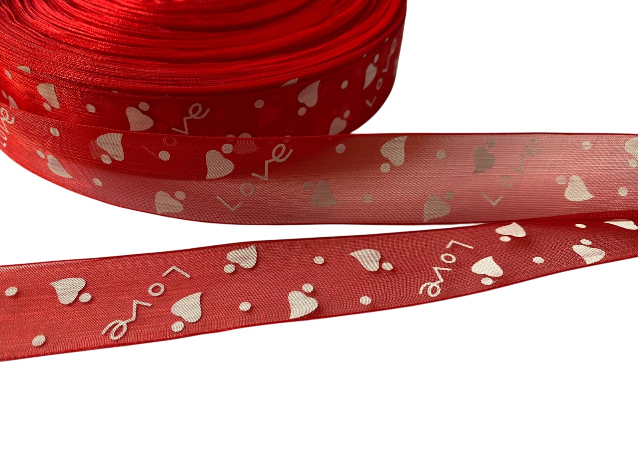 Panglica din organza rosie cu model imprimat , latime 24 mm, Love and Hearts - imagine 2