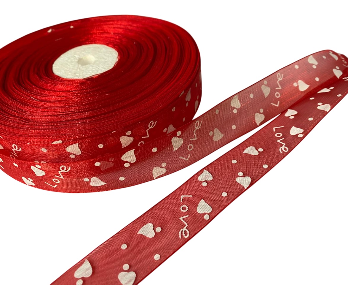 Panglica din organza rosie cu model imprimat , latime 24 mm, Love and Hearts