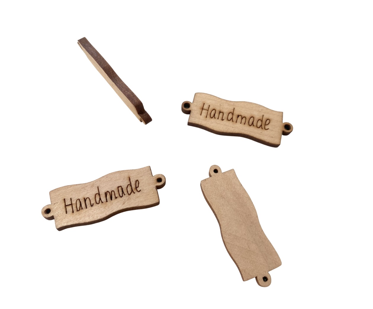 Set 4 forme din lemn natur, cu doua gaici, Handmade, 4,3 x 1,4 cm