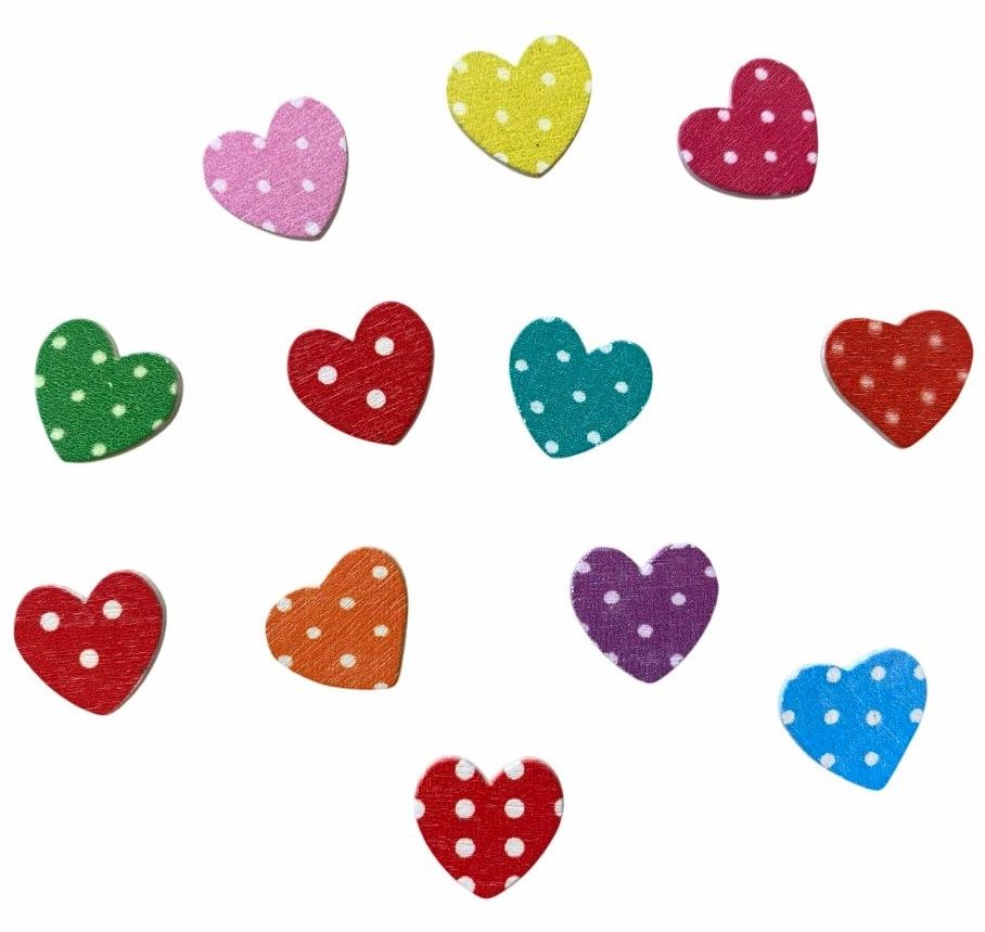 Set 12 inimioare cu buline, lemn pictat, 1,5 cm