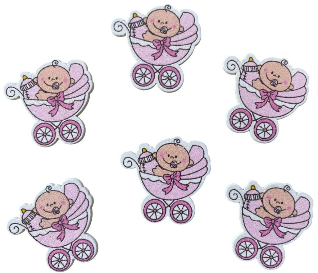 Set 6 forme lemn pictat roz, carucior cu bebelus si biberon, 3,3 x 3,5 cm