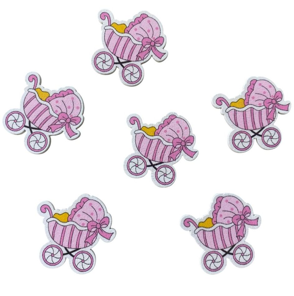 Set 6 forme lemn pictat roz, carucior, 3,3 x 3,5 cm