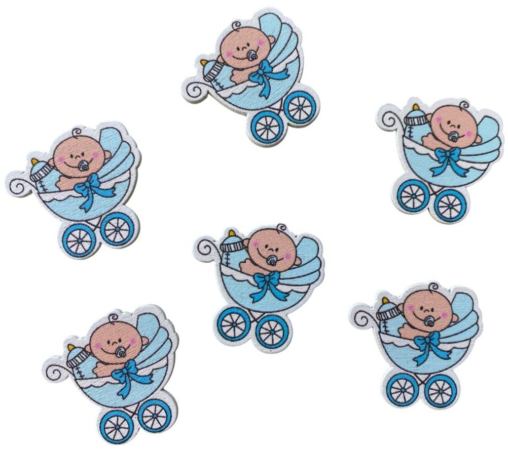 Set 6 forme lemn pictat bleu, carucior cu bebelus si biberon, 3,3 x 3,5 cm