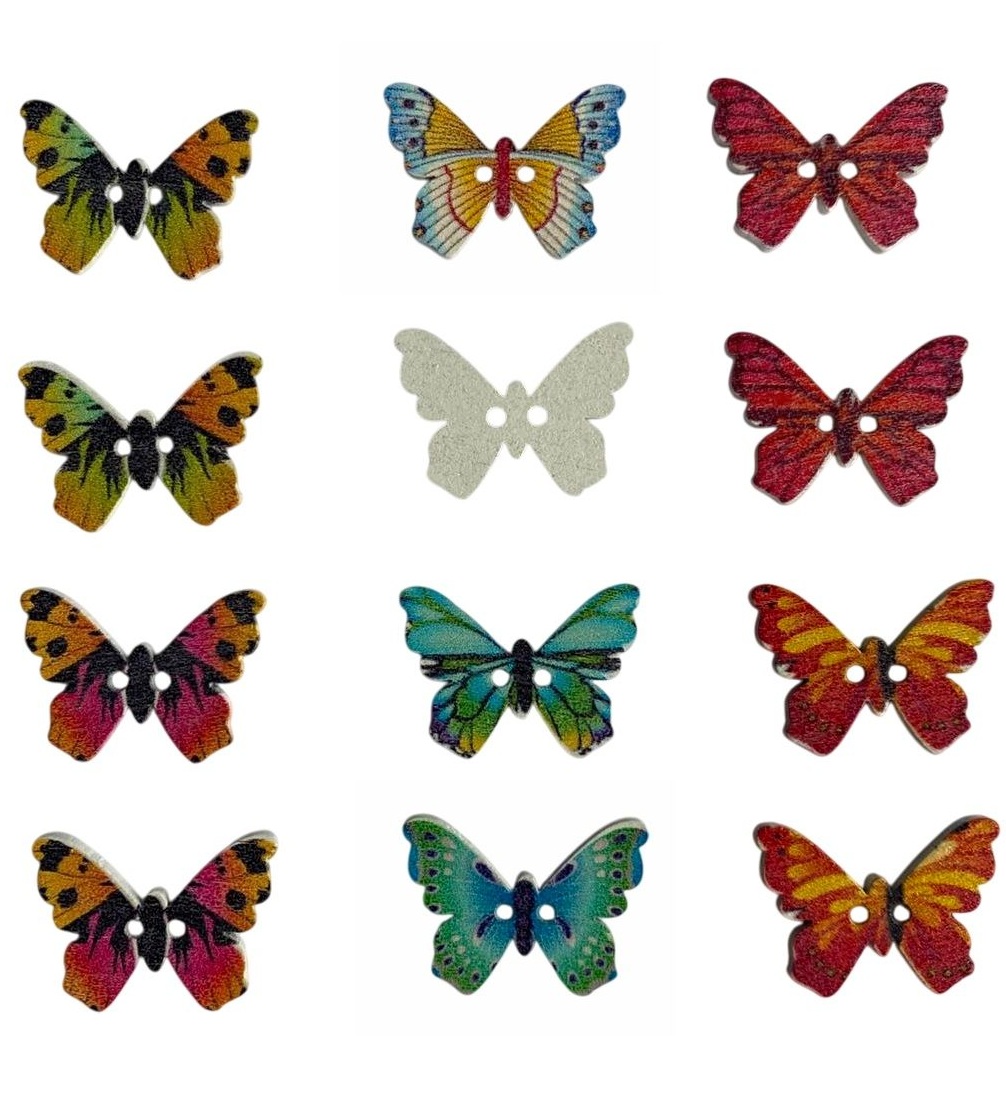 Set 12 nasturi din lemn pictat, fluturi colorati