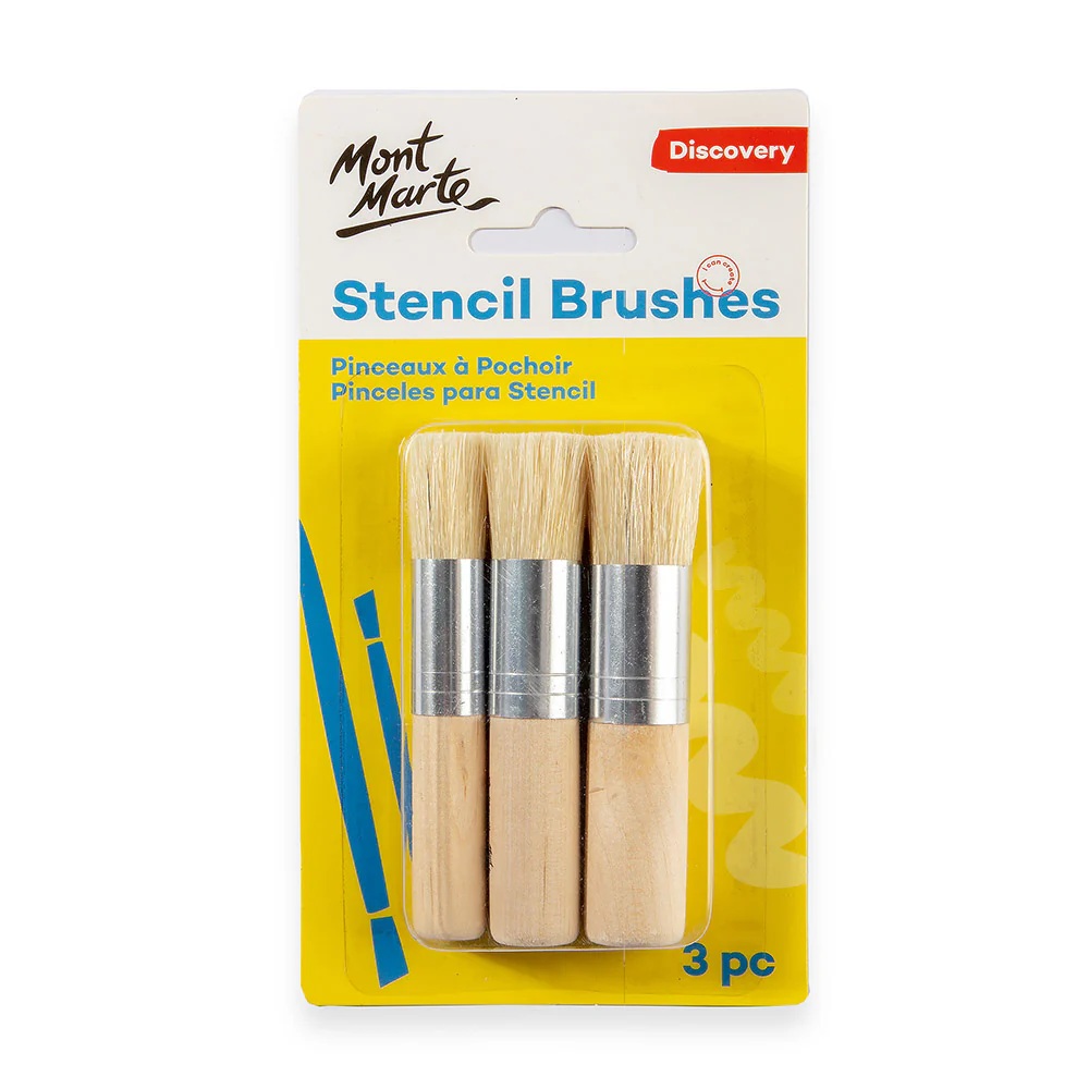 Set 3 pensule Mont Marte diferite, cu maner din lemn, pentru lucrul cu sabloane