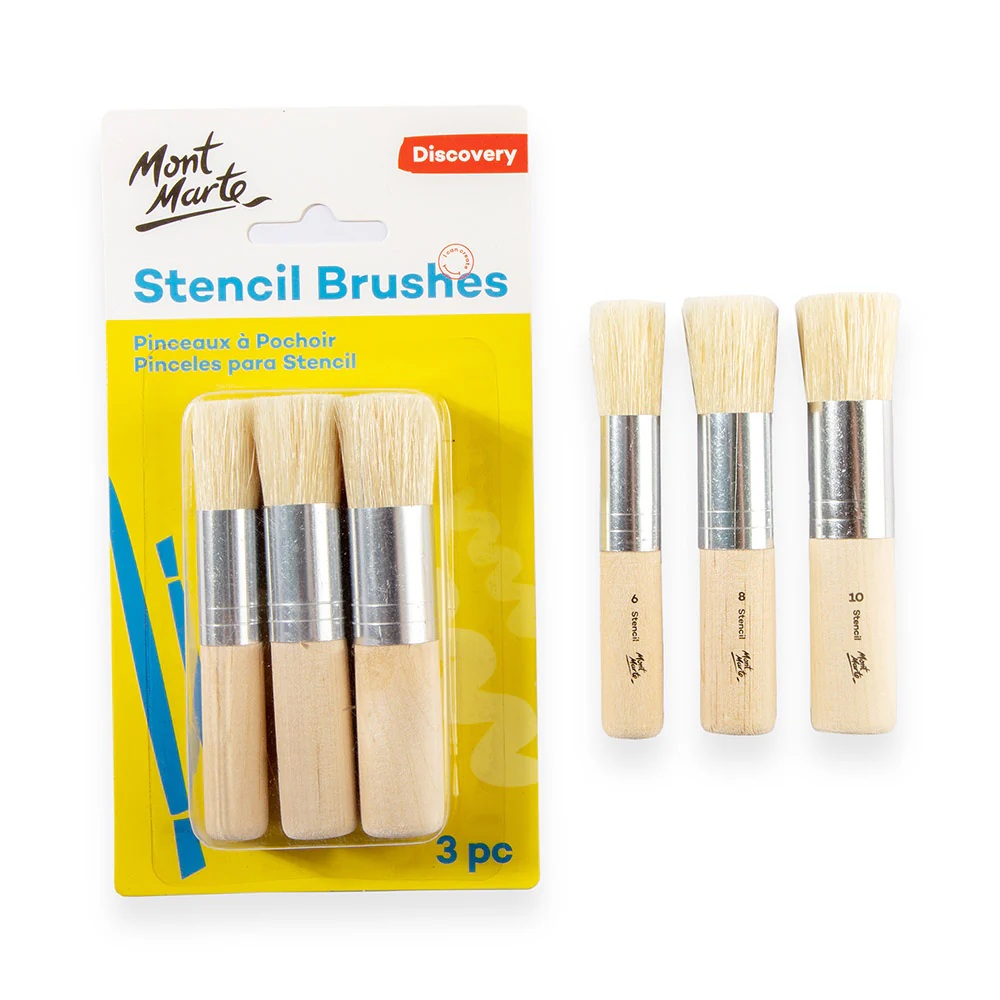 Set 3 pensule Mont Marte diferite, cu maner din lemn, pentru lucrul cu sabloane