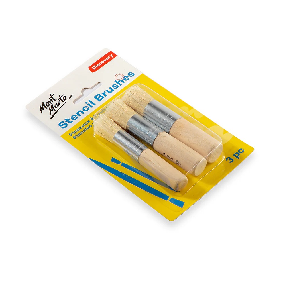 Set 3 pensule Mont Marte diferite, cu maner din lemn, pentru lucrul cu sabloane