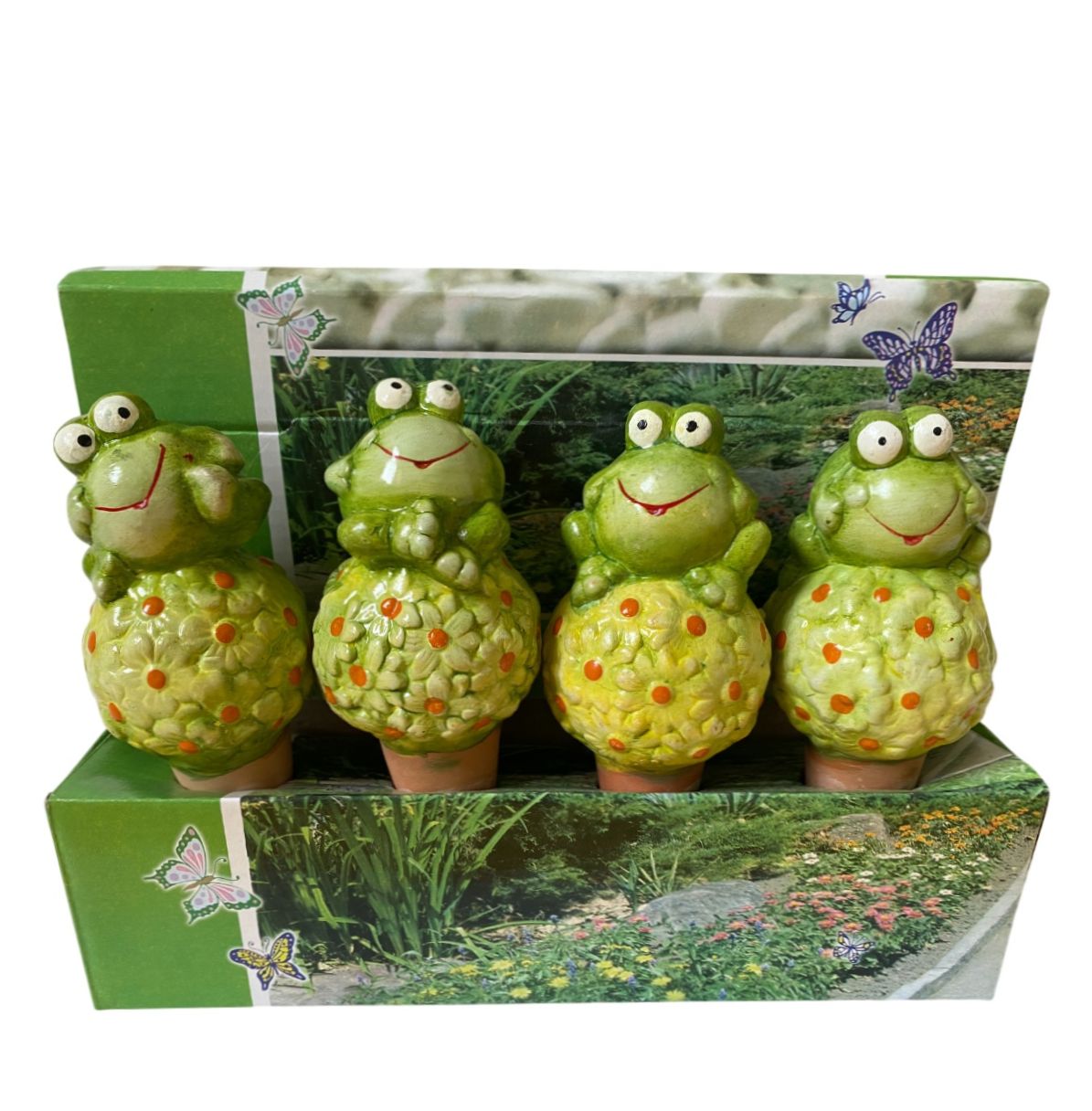 Set 4 suporti din ceramica, autoudare plante in ghiveci, broscute pe bulgare de floare