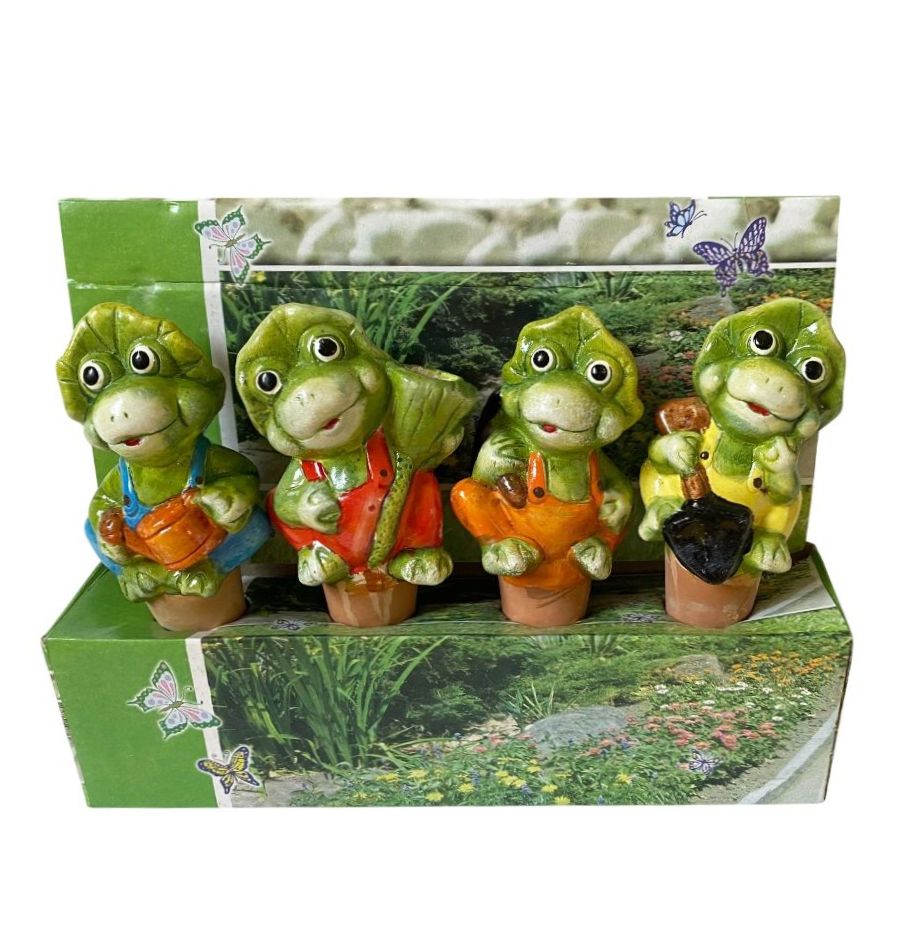 Set 4 suporti din ceramica, autoudare plante in ghiveci, broscute cu palariuta verde