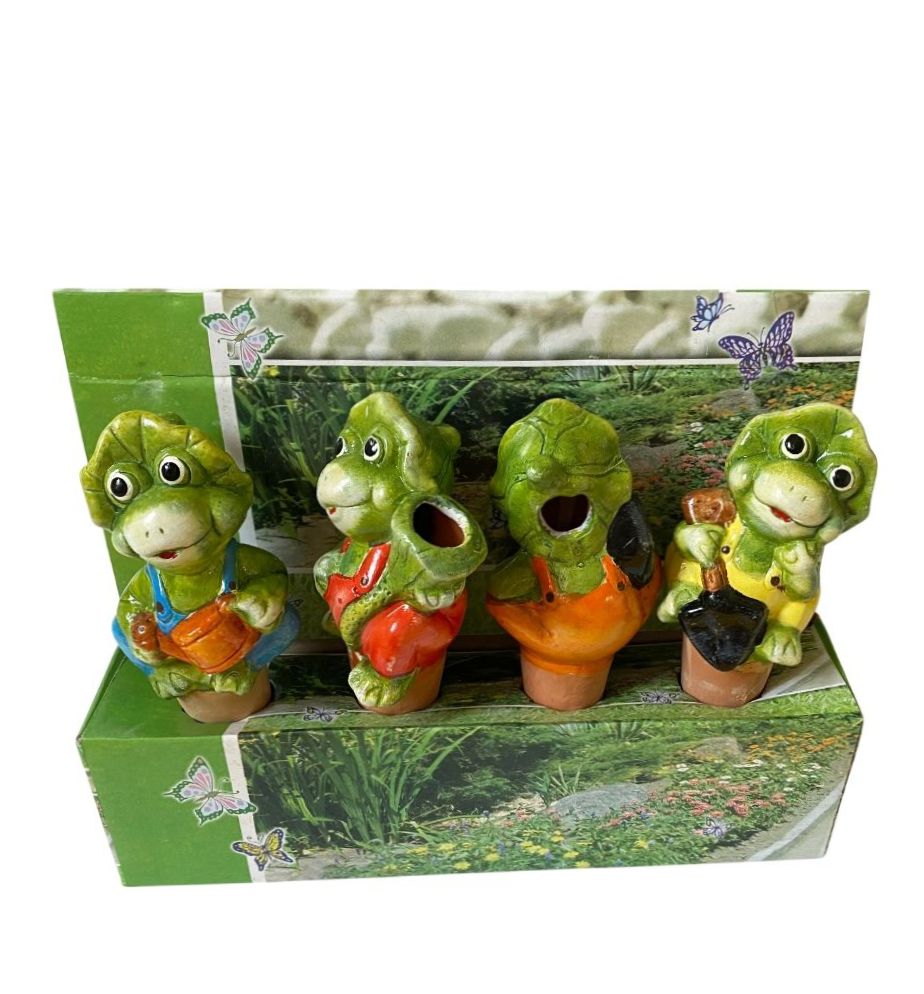 Set 4 suporti din ceramica, autoudare plante in ghiveci, broscute cu palariuta verde - imagine 2