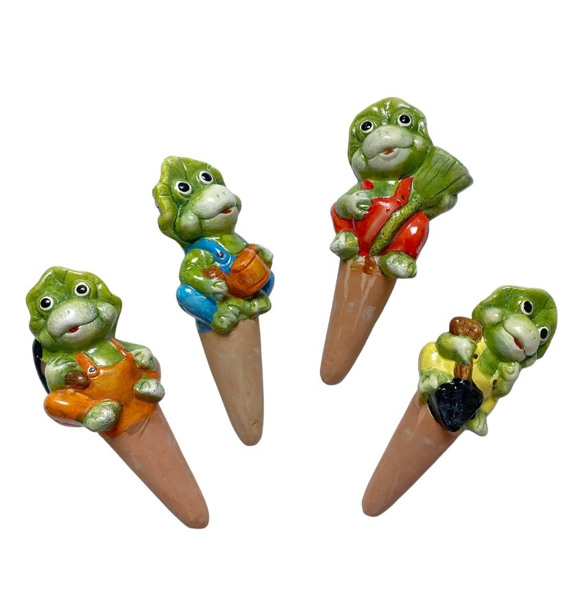 Set 4 suporti din ceramica, autoudare plante in ghiveci, broscute cu palariuta verde - imagine 3