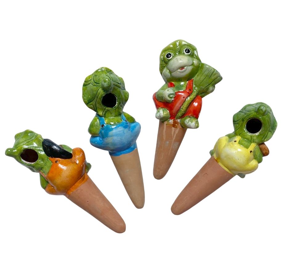 Set 4 suporti din ceramica, autoudare plante in ghiveci, broscute cu palariuta verde - imagine 4