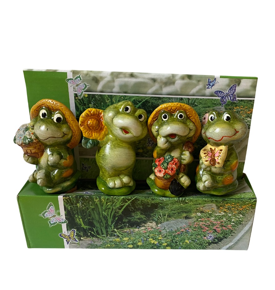 Set 4 suporti din ceramica, autoudare plante in ghiveci, broscute cu palariuta orange