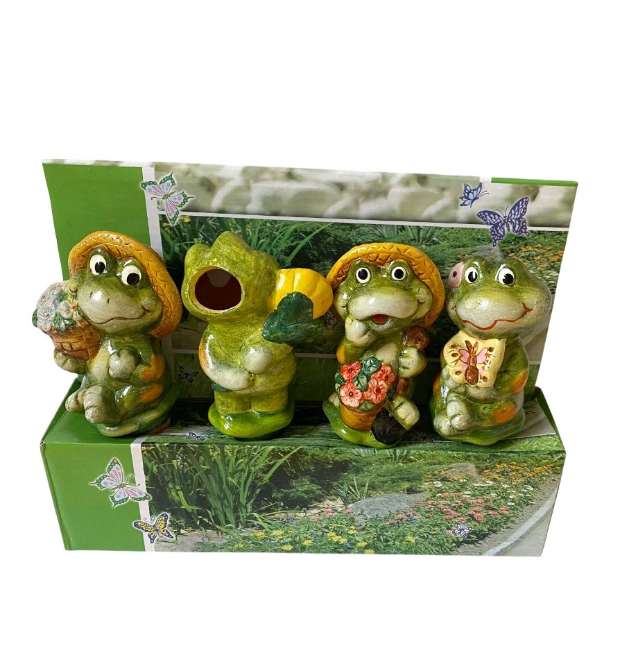 Set 4 suporti din ceramica, autoudare plante in ghiveci, broscute cu palariuta orange - imagine 2