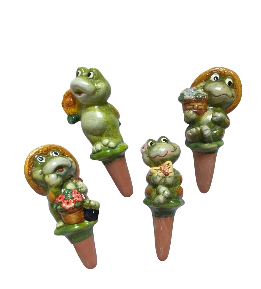 Set 4 suporti din ceramica, autoudare plante in ghiveci, broscute cu palariuta orange - imagine 3