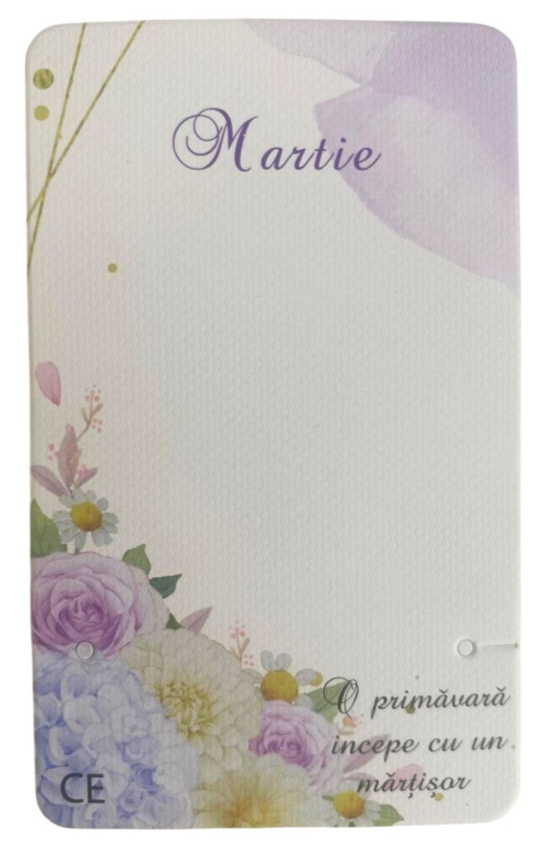 Set 12 cartoane martisoare – O primavara incepe cu un martisor – Buchet de flori in colt stanga
